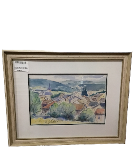 AQUARELLE VUE DE VILAGE TRACE DE SIGNATURE CADRE LAQUE 65 X 52 CM