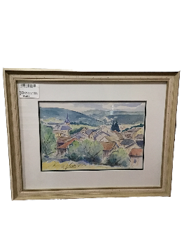 AQUARELLE VUE DE VILAGE TRACE DE SIGNATURE CADRE LAQUE 65 X 52 CM