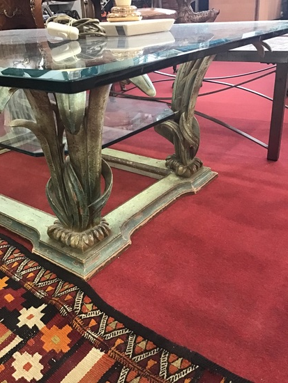 TABLE BASSE BOIS PEINT DECOR FEUILLE 2 PLATEAU VERRE BISEAUTE 135 X 90 CM