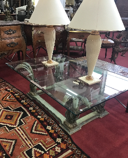 TABLE BASSE BOIS PEINT DECOR FEUILLE 2 PLATEAU VERRE BISEAUTE 135 X 90 CM