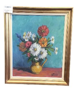 LAURENT hst sbd bouquet de fleurs a la cruche jaune cadre dor 57 x 66 cm