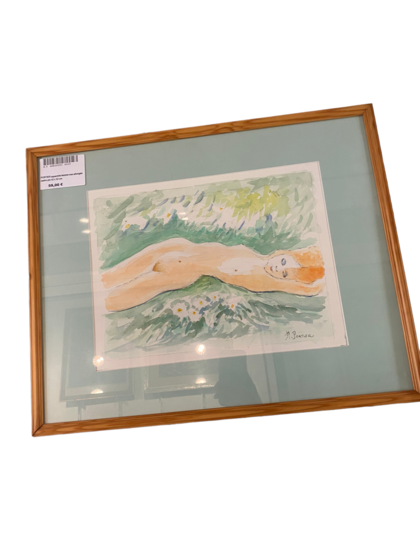 PORTIER aquarelle femme nue allongée cadre pin 42 x 52 cm