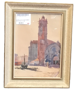 AQUARELLE EGLISE ENCADREMENT BEIGE DORE 41 X 33 CM