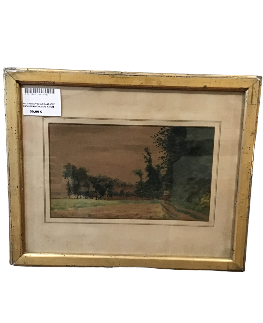 AQUARELLE VUE SUR CAMPAGNE ENCADREMENT DORE 48 X 39 CM