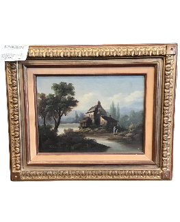 HUILE SUR TOILE CABANON 19 EME ENCADREMENT DORE 39 X 49 CM EN L ETAT TOILE ABIME