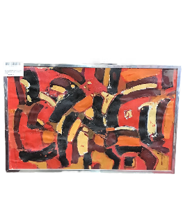 HUILE SUR PAPIER COMPOSITION EN ROUGE ET NOIR CADRE CHROME 67 X 43 CM