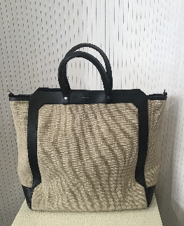 LE TANNEUR sac a main cuir noir beige toile de jute 