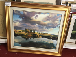 HUILE SUR TOILE PAYSAGE DE CAMPAGNE REFLET DANS RIVIERE SIGNE BAS DROITE