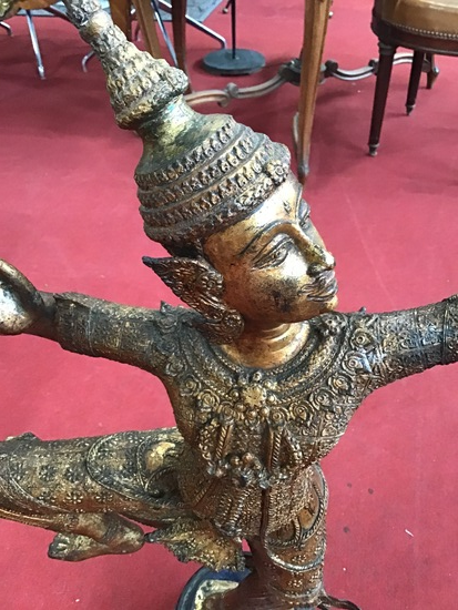 PRINCE RAMA INDONESIE GRANDE STATUE BRONZE DORE SOCLE BOIS NOIR H80CM 