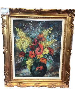 HUILE SUR TOILE NATURE MORTE BOUQUET DE FLEUR ENCADREMENT DORE 64 X 74 CM