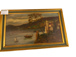 MUSSO huile sur panneau vue sur plan d eau encadrement dor 69 x 43 cm