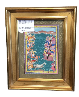 ART ISLAMIQUE BATAILLE CHEVALIER CADRE BOIS SS VERRE 30/36CM 
