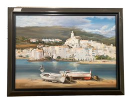HUILE SUR TOILE BARQUE VILLAGE BORD DE MER CADRE GRIS NOIR 89 X 116 CM