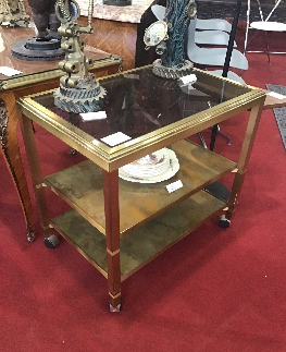 DESSERTE VINTAGE LAITON ET VERRE 3 NIVEAUX 74 X 50 CM SUR ROULETTE