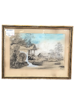CADRE MOULIN A EAU ENCADREMENT DORE 61 X 46 CM