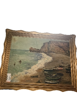 HUILE SUR TOILE COTE PLAGE TUNISIENNE ENCADREMENT DORE H.BEN ADY 97 X 78 CM