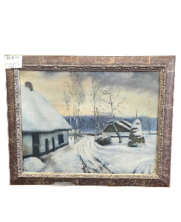 HUILE SUR TOILE CHEMIN NEIGE ENCADREMENT DORE 73 X 57 CM