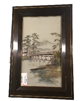 CADRE PANNEAU SOIE PAYAGE MONTAGNE JAPON ENCADREMENT BOIS 50 X 74 CM EN L ETAT