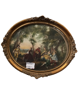 GRAVURE SCENE GALANTE ENCADREMENT DORE OVALE 51 X 61 CM
