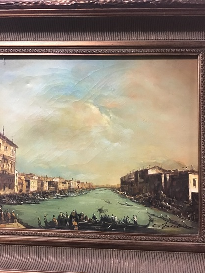 E.JACOB hst vue de venise ancienne cadre bois dore 46/56cm 