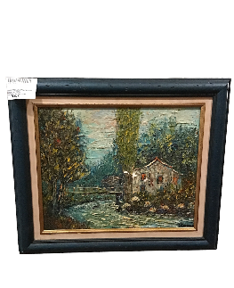 HUILE SUR TOILE PAYSAGE MAISON RIVIERE PONT CADRE VERTSIGNATURE 54 X 46 CM