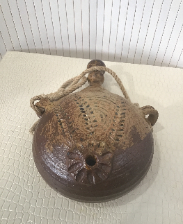 ANCIENNE GOURDE GRES SIGNE DECO EPI DE BLE RELIEF 2ANSES CORDE 