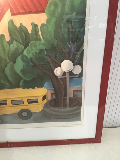 JOSETTE MERCIER E.A LE BUS JAUNE CADRE ROUGE 69 X 84 CM