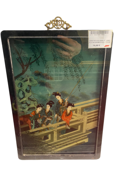 CADRE FIXE SOUS VERRE ASIE JEUNE FILLE ENCADREMENT BOIS 32 X 52 CM
