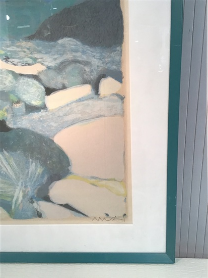 ROGER MUHL (1929-2008) lithographie campagne grassoise cadre bleu 68 x 72 cm