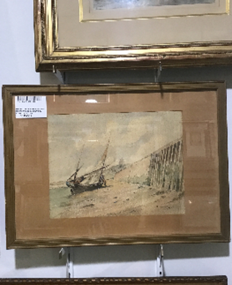 AQUARELLE BARQUE ECHOUEE 1924 51 X 37 CM TRACE DE SIGNATURE CADRE DORE 51 X 37 C