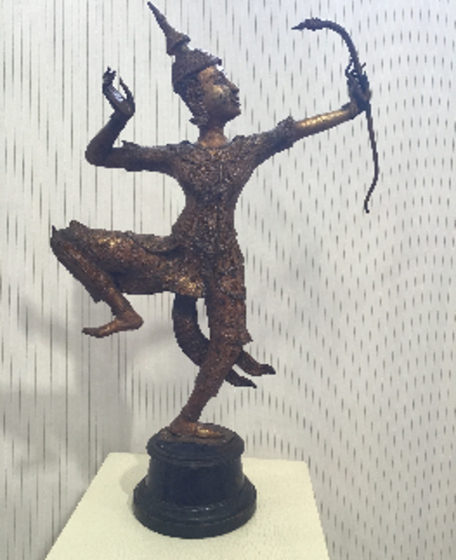 PRINCE RAMA INDONESIE GRANDE STATUE BRONZE DORE SOCLE BOIS NOIR H80CM 