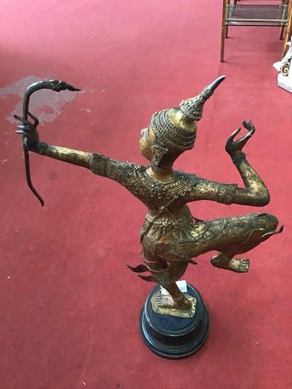 PRINCE RAMA INDONESIE GRANDE STATUE BRONZE DORE SOCLE BOIS NOIR H80CM 