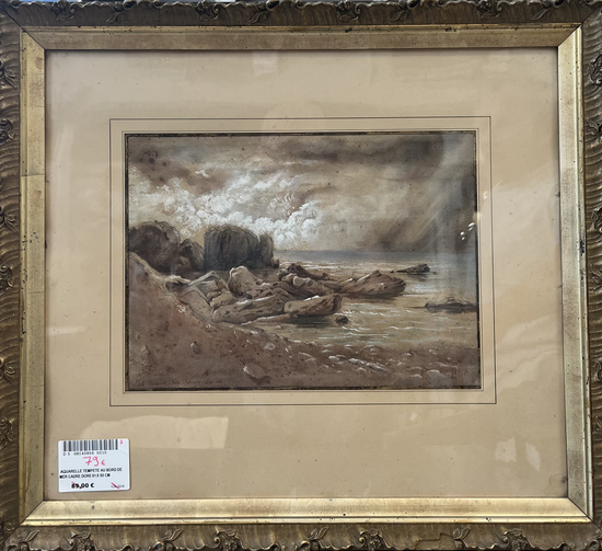  AQUARELLE TEMPETE AU BORD DE MER CADRE DORE 61 X 55 CM