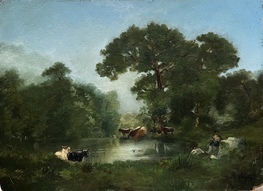  HUILE GARDIENNE ET SES VACHES SIGNEE  DUPRE 24 x 32 cm