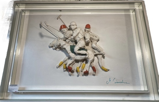 MONICA GIARRATANA collage partie de polo relief cadre bois blc miroir80/110cm 