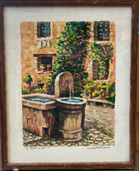 ADRIEN DE CHANTELOUP gouache fontaine a st paul de vence cadre marron 30x37cm