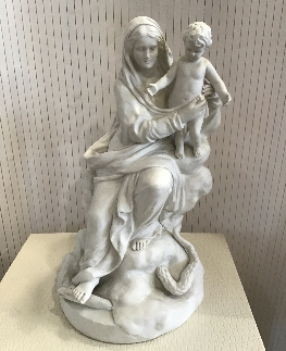 SCULPTURE EN BISCUIT VIERGE MARIE L ENFANT JESUS SIGNEE BOIZOT H.42 CM