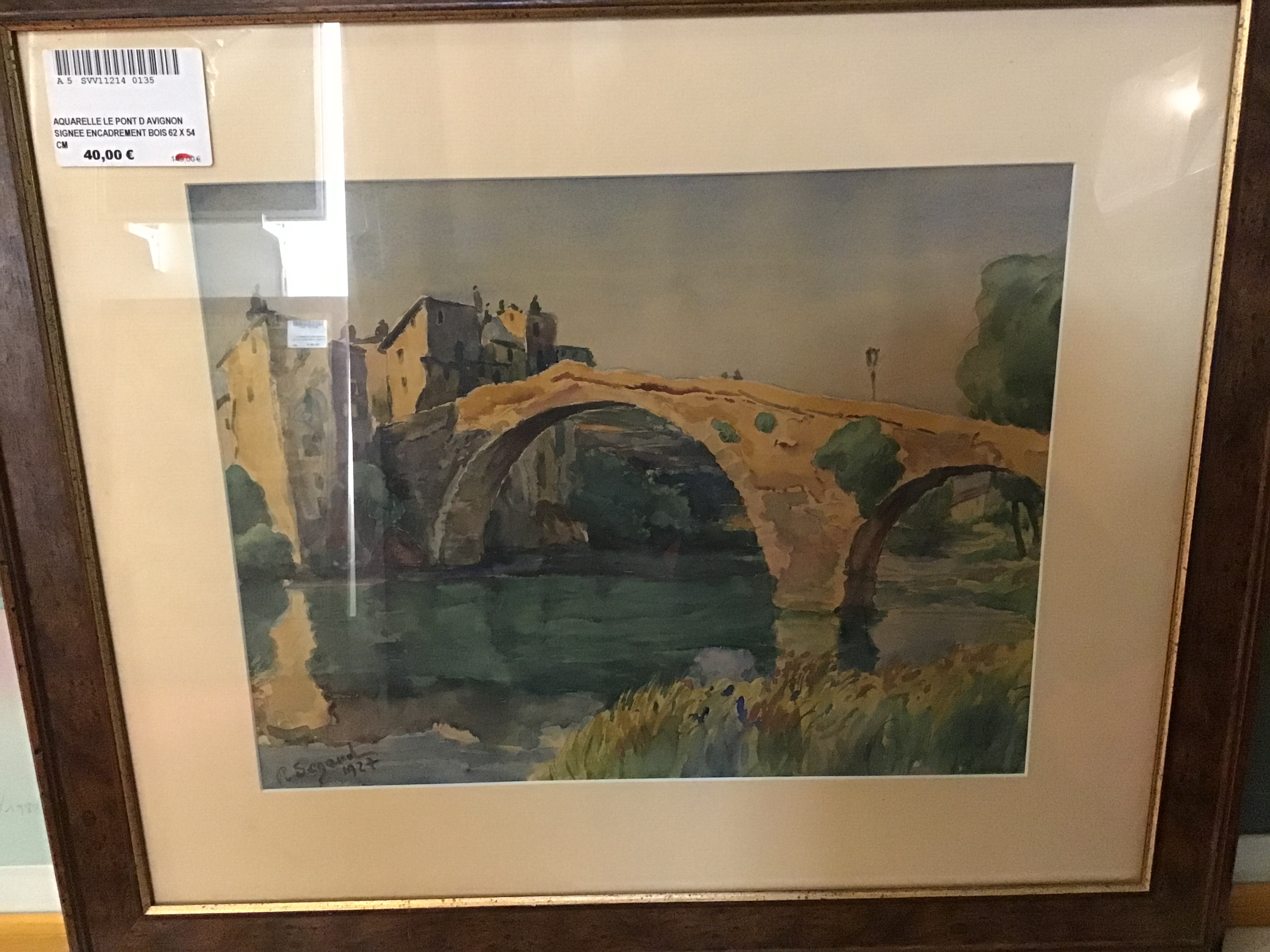 AQUARELLE LE PONT SIGNEE ENCADREMENT BOIS 62 X 54 CM
