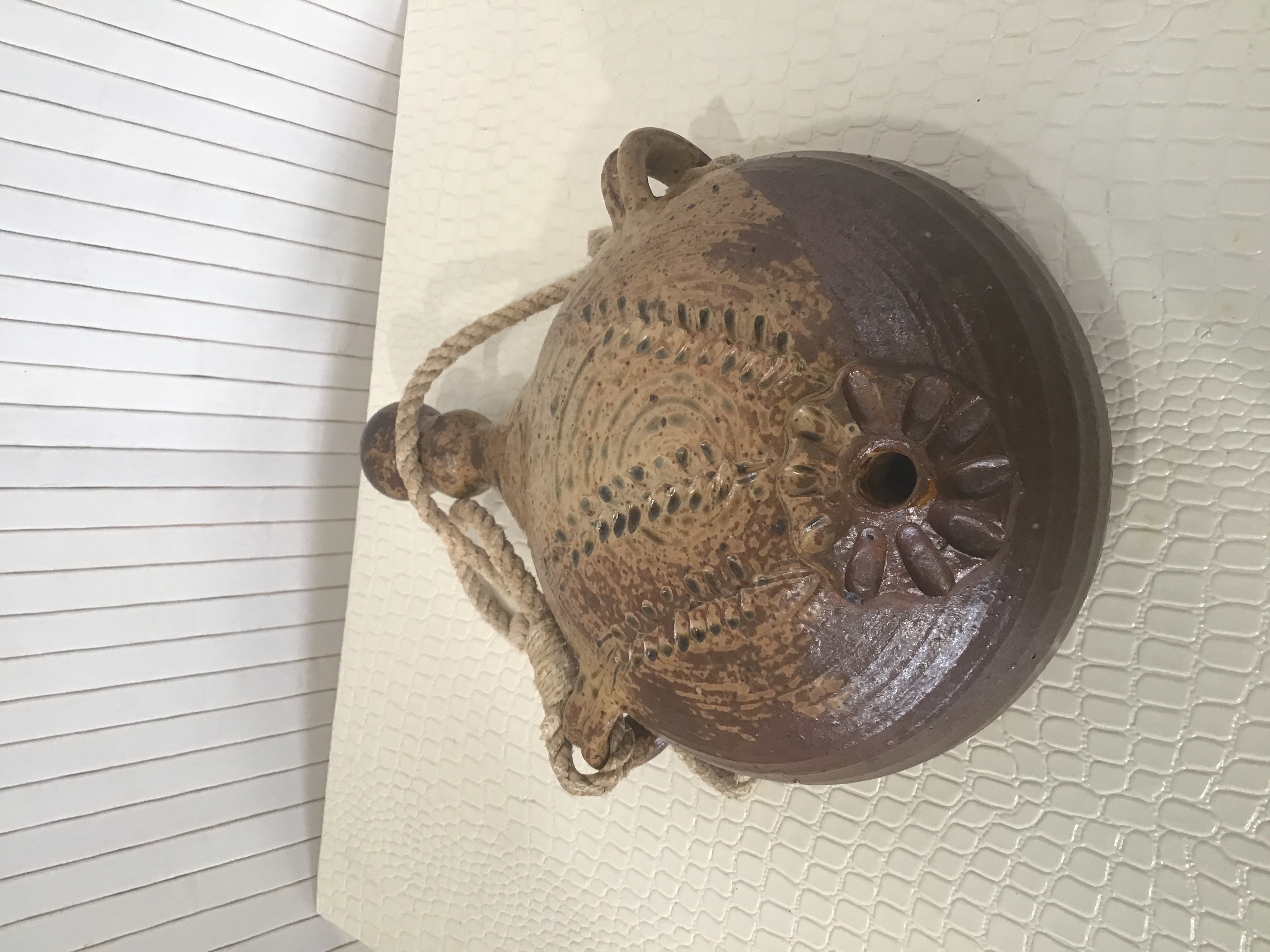 ANCIENNE GOURDE GRES SIGNE DECO EPI DE BLE RELIEF 2ANSES CORDE 